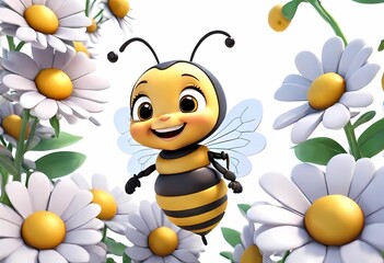 A Adorable 3d rendered cute happy smiling and joyful little bee cartoon character on white backdrop