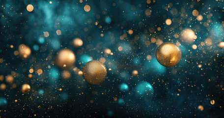 An abstract backdrop featuring dark blue and gold particles, with golden light emitting bokeh on a navy blue background. gold foil texture - obrazy, fototapety, plakaty