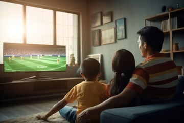 Asian family watching tv with football match on screen. - Powered by Adobe