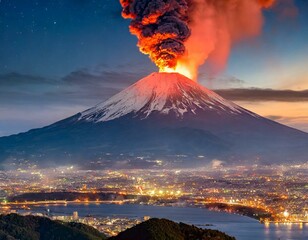 夜間に富士山が噴火したイメージ
