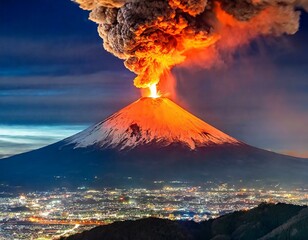 夜間に富士山が噴火したイメージ