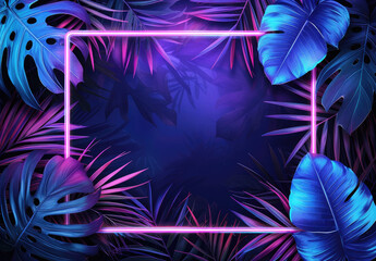 Tropical leaves bathed in blue and green illumination, framed by neon lights, offering a creative space for additional elements and copy.