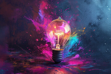 An imaginative light bulb bursts, releasing a burst of vibrant paint splashes against a black backdrop. Embracing the concept of thinking differently and fostering creative ideas