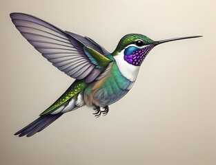Zeichnung von einem Kolibri mit lila Hals und weißer Brust - obrazy, fototapety, plakaty