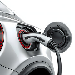 A close-up of an electric car's charging port with a plug isolated on white background, realistic, png
