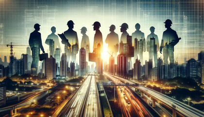 It shows silhouettes of engineers and construction workers against a bustling cityscape at sunset, depicting urban development and the workforce behind it. Urban development concept. AI generated. - obrazy, fototapety, plakaty
