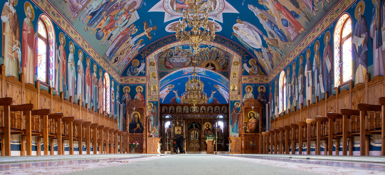 The interior of an Orthodox church. Inside the Marginea monastery Suceava county - Romania