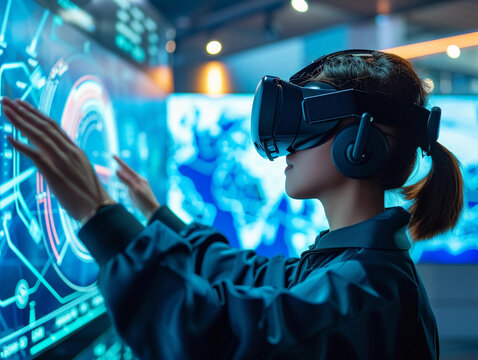 virtual reality training session, a person wearing VR headset surrounded by digital displays of skill-enhancing exercises, showcasing the futuristic approach to continuous learning