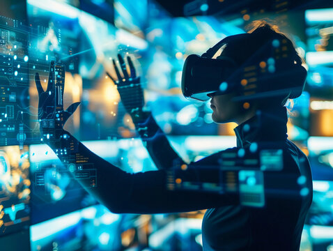 virtual reality training session, a person wearing VR headset surrounded by digital displays of skill-enhancing exercises, showcasing the futuristic approach to continuous learning