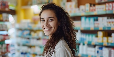 Cheerful young woman in a pharmacy aisle, friendly pharmacist smiling, health care shop. professional workplace. AI
