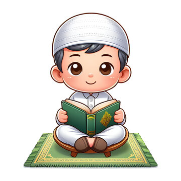 cute muslim boy character reading Al quran transparent background