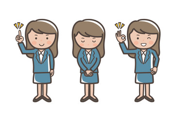 ブルー系のスーツ姿のビジネスウーマンのポーズセット_了解_ポイント_謝る