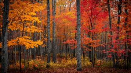 A colorful autumn forest with leaves in shades of red, orange, and yellow.