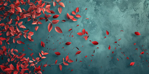 An autumn backdrop featuring red leaves against a blue slate background. Captured from a top view, providing ample copy space