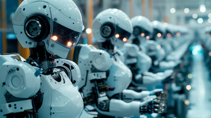 Fototapeta premium Group of robots working together on a segment of the assembly line, showcasing the harmony between technology.