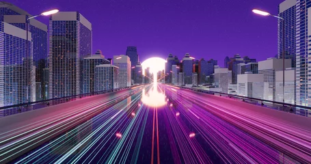 Fotobehang Asphalt road and vehicle light trails. Metropolitan night cityscape. Synth wave image visual. Starry night. 3D rendering. © FlatFloatCreation