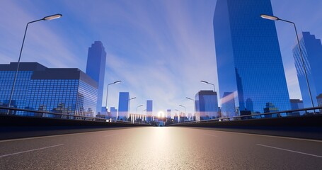 Empty asphalt road. Metropolitan morning cityscape. Blue sky and purple clouds. 3D rendering.