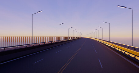 Empty asphalt curved road on the sea. Morning or sunset purple sky. 3D rendering.
