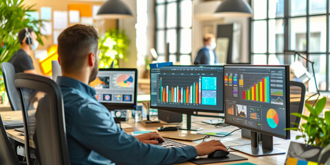 bustling digital marketing office, with a team engaged in content marketing strategy, surrounded by multiple computer screens displaying colorful analytics and content plans, natural light streaming i