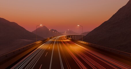 Asphalt road and vehicle light trails. Highway passing between sunset dusk mountains. 3D rendering.