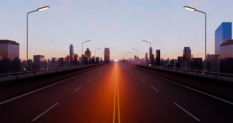 Fototapeta na wymiar Empty asphalt road. Metropolitan sunset cityscape. Quiet highway. 3D rendering.