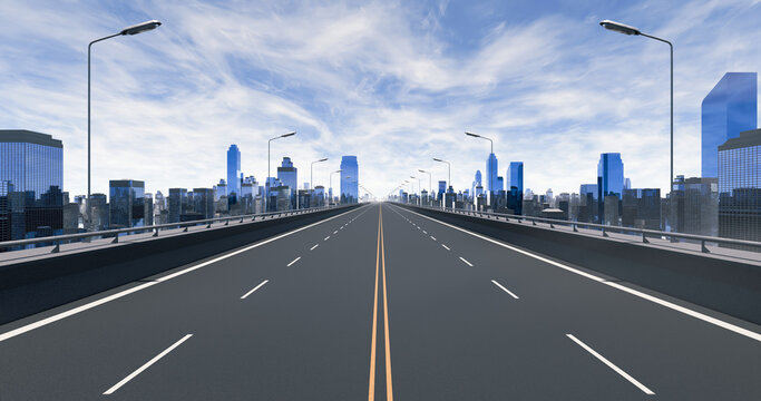 Empty asphalt road. Metropolitan sunny daytime cityscape. Blue sky and white clouds. 3D rendering.