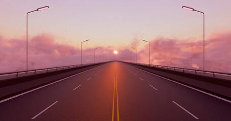 Empty asphalt road on clouds continue forever. Pink sky and sunset sea of clouds. 3D rendering.