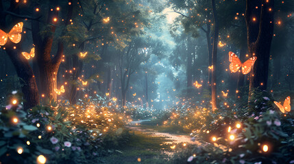 Fairytale dreamy and mystery forest with fireflies light, generative ai