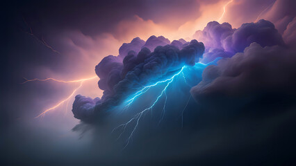 lila Gewitter Sturm mit blauen Blitzen im Sonnenlicht