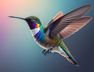 Fliegender Kolibri mit buntem Hals und Brust - obrazy, fototapety, plakaty
