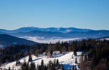 Landscape with Stanisoarei mountains from the Eastern Carpathians in winter