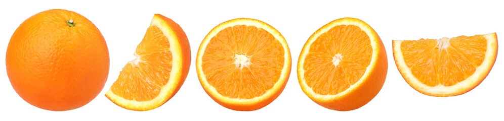 Orange fruit, half and slices isolated, transparent PNG, PNG format