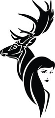 beautiful woman with long hair and wild deer stag profile head - shaman girl and totem animal black and white vector outline portrait
