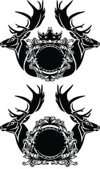 two deer stags with large antlers, king crown and heraldic shield - vintage style royal coat of arms black and white vector design set