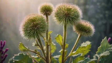 Obraz premium Great burdock flowers and leaves, Medicine flower plant wallpaper, Close up of a bee collecting pollen on a beautiful unique flower