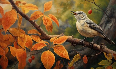 Beautiful mockingbird chirping among amazing autumn leaves .