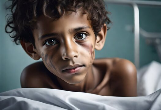 An young handsome male boy child sick with a disease or illness like cancer. He is a patient in a hospital  bed.