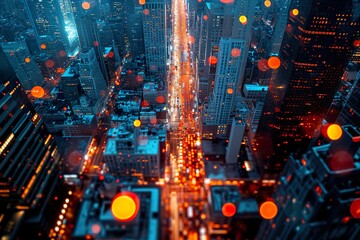 Obraz premium Abstract night view of the street in cityscape from the bird's perspective