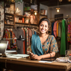 Fototapeta premium Indian woman standing her clothing shop