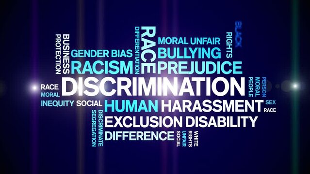 Discrimination animated word cloud;text design animation tag kinetic typography seamless loop.