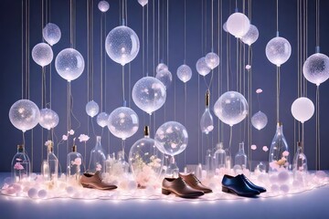 amazing luxurious balloon and flowers decorated among the furnished leather sandals'  and  perfume abstract background of the perfume and sandals decorated with balloons and flowers background   