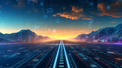 Abstract futuristic digital code road - 3d illustration of a cybernetic highway network for technology and innovation