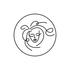 beauty Studio. logo in a circle. girl's face and hairstyle. linear stylized vector illustration