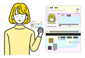 マイナンバーカードを持つ女性とマイナンバーカード（表面・裏面）セット