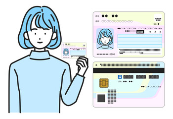マイナンバーカードを持つ女性とマイナンバーカード（表面・裏面）セット