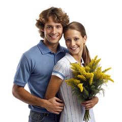 Couple in love with bouquet of mimosa flowers-