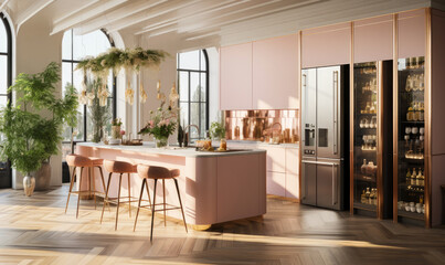 Stylish pink kitchen interior with modern furniture and fridge - obrazy, fototapety, plakaty