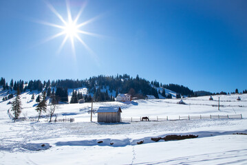 A beautiful landscape with an isolated peasant farm in the Romanian mountain area in winter
