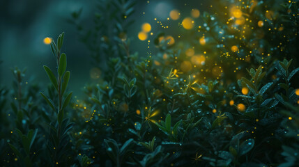 Fototapeta na wymiar “Nature’s Lanterns: Fireflies Amidst the Dark Foliage