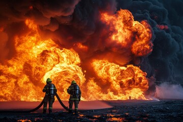 Firefighters try to extinguish a fire at an oil refinery. Industrial fires and explosions related to oil and gas.